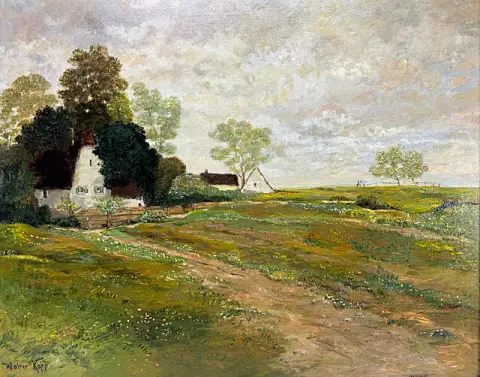 Walter Kopp, Landschap in het voorjaar, boerderij in een weids landschap met bloeiende weiden en landweg
