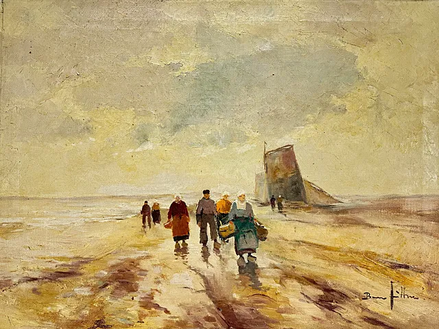 Bruno Jüttner, Strandtafereel met vissers en vissersvrouwen, zeilboot aan de kust, kust onder wolken