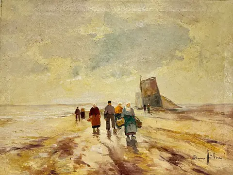 Bruno Jüttner, Strandtafereel met vissers en vissersvrouwen, zeilboot aan de kust, kust onder wolken