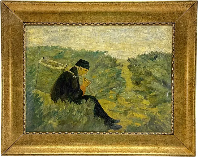 Naar Max Liebermann, Man met draagkorf in de duinen, impressionistisch duinlandschap met korfdrager