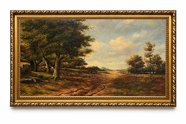 Hero Hette Ros, landschap met boerderij en zandweg, grootformaat olieverfschilderij, Nederland