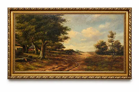 Hero Hette Ros, landschap met boerderij en zandweg, grootformaat olieverfschilderij, Nederland