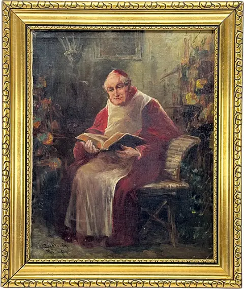 Fritz Dietrich, croyant avec bible, cardinal lisant sur un banc en bois entre des fleurs, peinture de genre