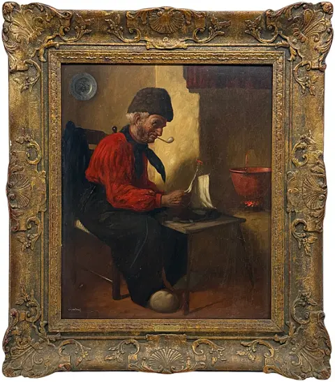 F. H. Brühne, paysan avec bonnet de fourrure et pipe en terre cuite construisant un modèle de voilier au coin du feu, peinture de genre