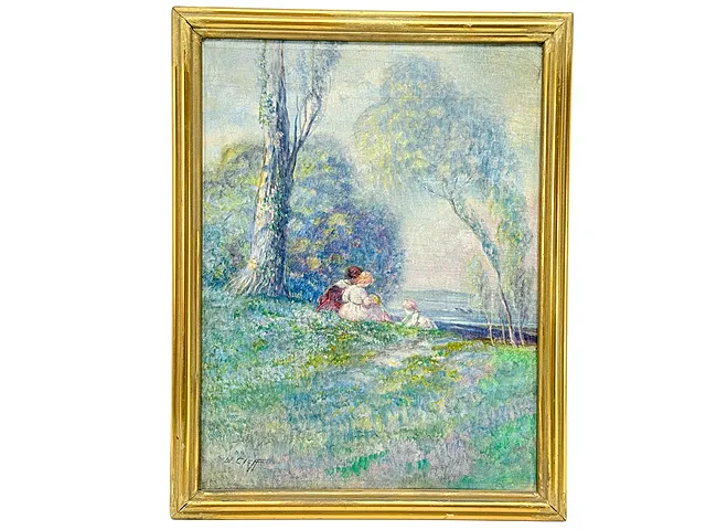 Walter Cleff, Temps d'or, paysage printanier avec deux femmes et un enfant, Düsseldorf