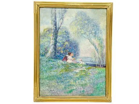 Walter Cleff, Temps d'or, paysage printanier avec deux femmes et un enfant, Düsseldorf