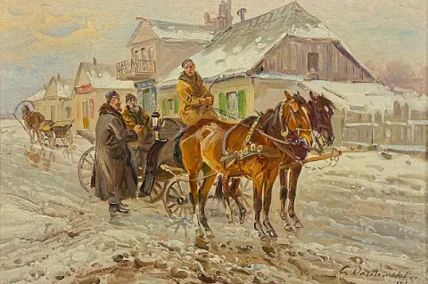 Czesław Wasilewski, Attelage de chevaux dans un village d'hiver, attelage à deux avec cocher sur la rue du village, 1927