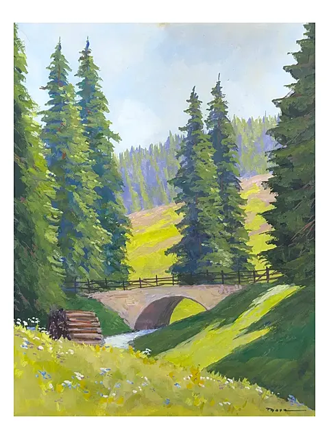 Fritz Thate, Paysage du Harz, pont en pierre voûté sur le ruisseau, épicéas et prairie fleurie, peintre du Harz