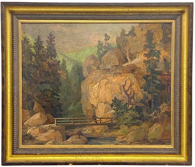 Ernst Eichhorn-Holeck, Pêcheur devant un ravin avec pont en bois, rochers et sapins, peintre du Harz