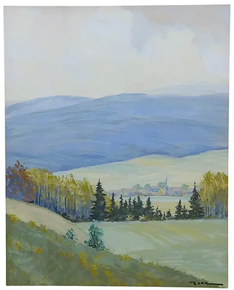Fritz Thate, Vue avec village du Harz, village avec clocher devant des chaînes de montagnes bleues, peintre du Harz