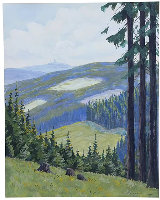 Fritz Thate, Brockenblick, bergweide met boomstronken en jonge sparren, Harzlandschap, Harzschilder