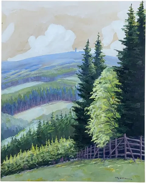 Fritz Thate, vue sur le Brocken, panorama sur les hauteurs boisées du Harz, épicéas et clôture en bois, peintre du Harz