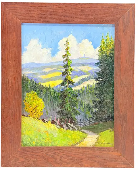 Fritz Thate, paysage du Harz avec le Brocken, prairie de montagne avec épicéa et clôture en bois, vue lointaine, peintre du Harz