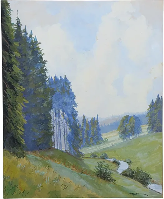 Fritz Thate, paysage du Harz, vallée herbeuse avec ruisseau sinueux et forêt d'épicéas, peintre du Harz