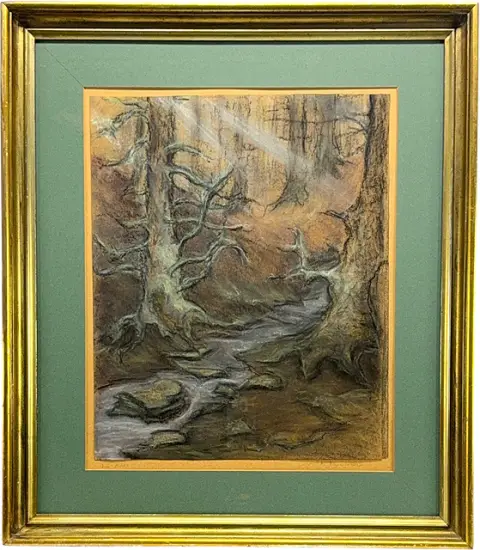 Peintre paysagiste, « Im Harz », intérieur de forêt avec épicéas noueux et ruisseau pierreux, motif du Harz
