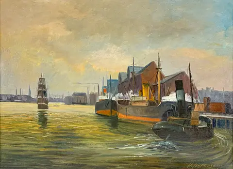 Viggo Jespersen, port industriel avec navires à vapeur et voilier sortant, scène portuaire