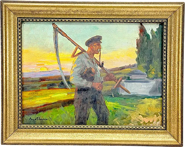Sawo Popowitsch Iwanow, boer met pijp en zeis op de schouder, genrescène, schilder uit Bayreuth