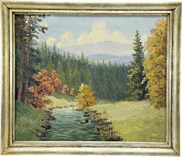 Fritz Thate, vue du Brocken sur une vallée boisée automnale avec ruisseau, peintre du Harz, paysage