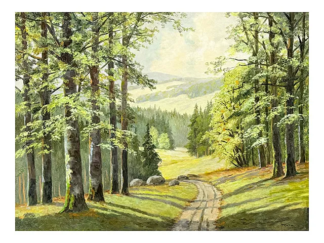 Fritz Thate, Vue forestière, sentier ensoleillé entre de grands arbres feuillus devant des collines boisées, peintre du Harz