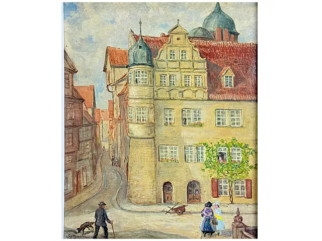 Hans Spitzmann, Stadsburcht Quedlinburg am Klink, straatscène met vakwerkhuizen
