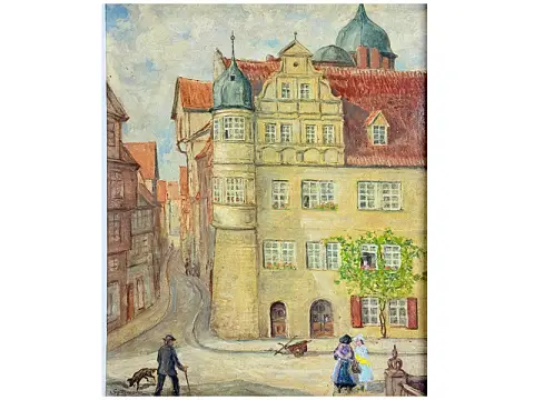 Hans Spitzmann, Château de Quedlinburg am Klink, scène de rue avec maisons à colombages