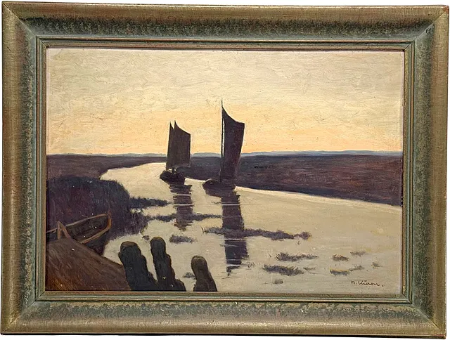 Herbert Kuron, sejlbåde i skumringen, impressionistisk flodlandskab i aftensolen
