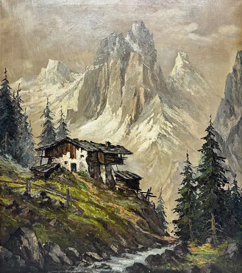 Peintre alpin, paysage de haute montagne avec ferme d'alpage et torrent devant des sommets rocheux, probablement milieu du 20e s.