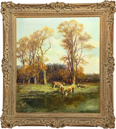 Otto Pippel, « Herbstsonne », prairie forestière automnale avec bovins au bord de l'eau