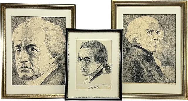 Fritz Lindemann, trois dessins au crayon d'après Bauer, Goethe et Frédéric le Grand