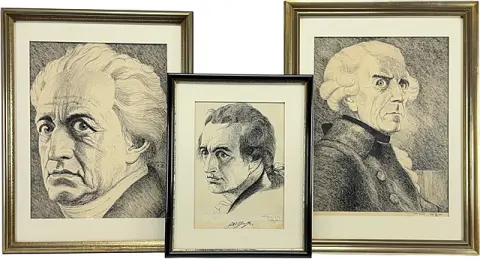 Fritz Lindemann, trois dessins au crayon d'après Bauer, Goethe et Frédéric le Grand