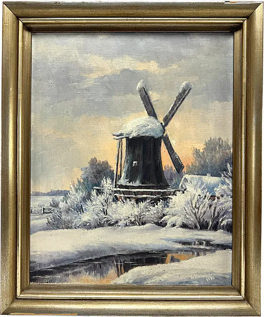 Peintre du 20e siècle, paysage d'hiver avec moulin à vent