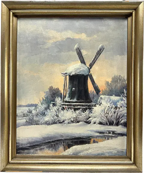 Peintre du 20e siècle, paysage d'hiver avec moulin à vent