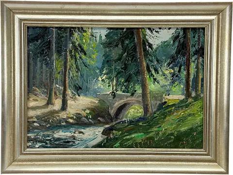 Walter Fricke, forêt du Harz avec pont de pierre sur un ruisseau, intérieur de forêt avec conifères, paysage du Harz