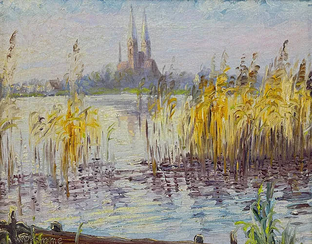 Wilhelm Pramme, landsbyidyl ved søen, kirke med dobbelttårn bag rørbæltet, Harzmaler