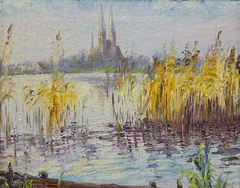 Wilhelm Pramme, Idylle villageoise au bord du lac, église à double clocher derrière les roseaux, peintre du Harz