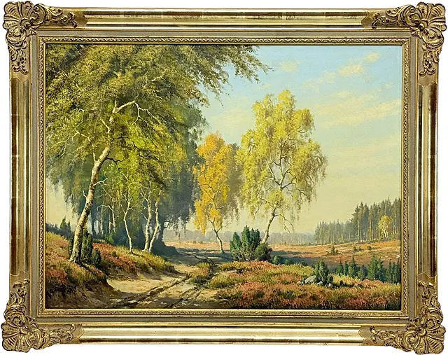 Willy Hanft, Heidelandschap met berken en bloeiende heide op het zandpad, jeneverbes, landschap