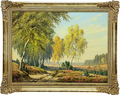 Willy Hanft, Paysage de lande avec bouleaux et bruyère en fleurs sur le chemin de sable, genévrier, paysage
