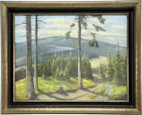 Wilhelm Pramme, Vue du Brocken, paysage du Harz avec épicéas et chemin forestier, Wernigerode