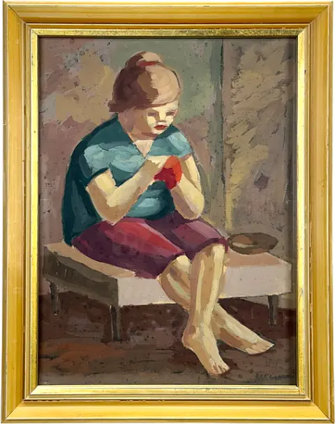 Albert Hennig, Jeune dame, figure assise en gouache, élève du Bauhaus et peintre de Zwickau