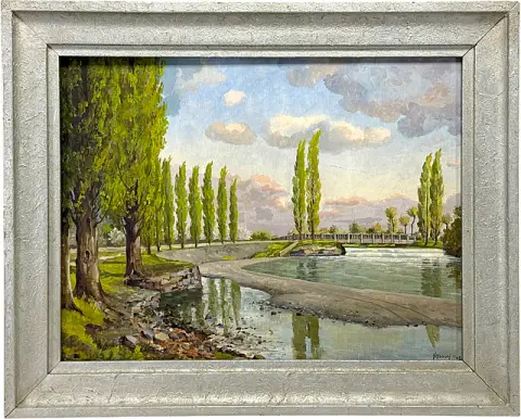 H. Homuth, La Bode près de Gröningen avec rangée de peupliers, barrage et pont, paysage fluvial, daté 1943