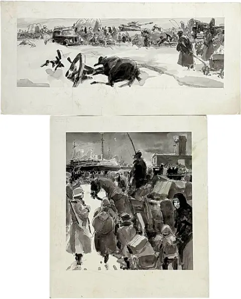 Deux scènes de fuite, convoi de réfugiés dans la neige avec chariot bâché et char, port avec vapeur, soldats