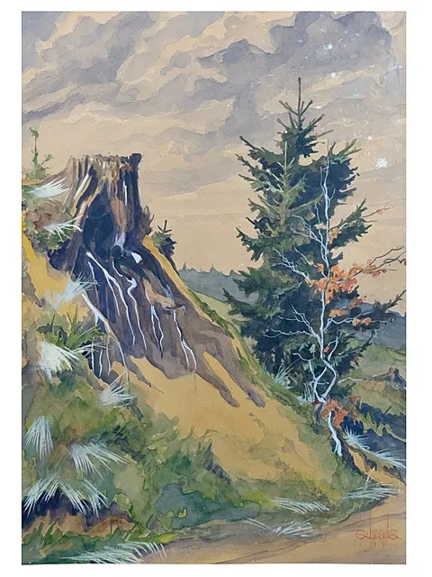 G. Ludewig, Harz-landskab med mægtig træstub, gran og birk i efteråret, dateret 1946