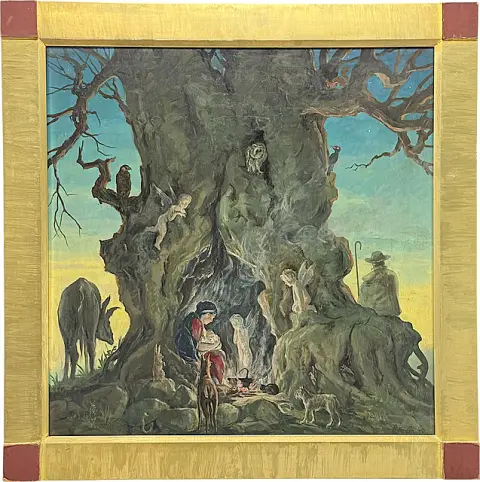 Hans Spitzmann, Sainte Famille sous un arbre avec anges et animaux, peinture 1946