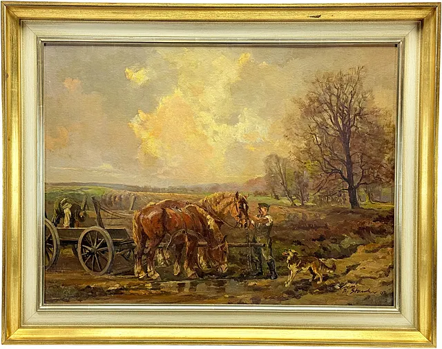 Alfred Staerke, »Feierabend«, hestespand med to køreheste ved vandpytten, dateret 1947