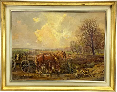 Alfred Staerke, « Feierabend », attelage de deux chevaux de trait à la mare, daté 1947