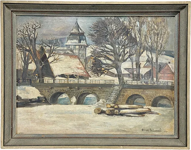 Heinz Maiwald, vinterligt landsbybillede med stenbro og kirketårn, dateret 1947
