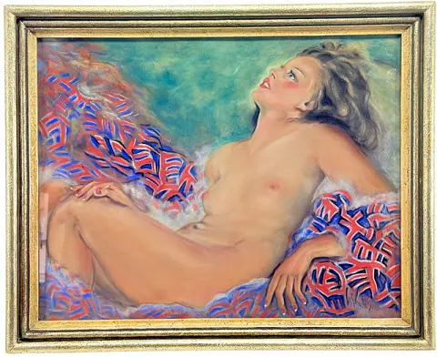 Monogrammiste « WK », nu féminin allongé, tête renversée sur un tissu à motifs, 1949