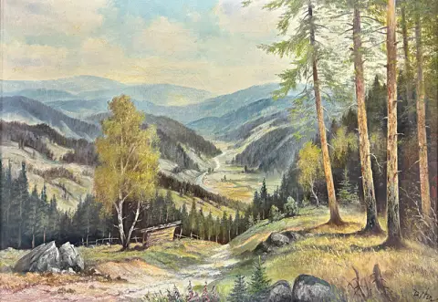 Peintre du Harz, vue du Harz, large vallée de moyenne montagne avec sentier descendant