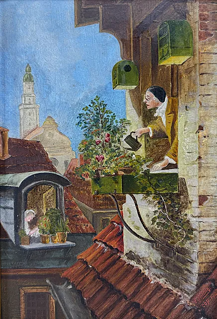 E. Hilbig, « Die Dachstube », copie d'après Carl Spitzweg, homme arrosant des fleurs à la lucarne, 1923