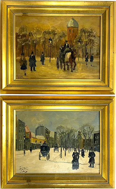Monogrammiste, Deux scènes urbaines hivernales avec calèches et passants dans la neige, 20e s.